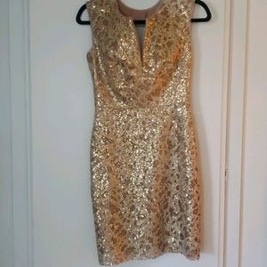 BCBGMaxAzria gold embellished dress, back cutout